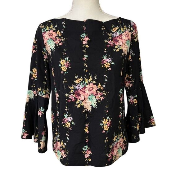 Alice + Olivia Shirley Floral Bell Sleeve Top Black Size Small - Picture 1 of 9
